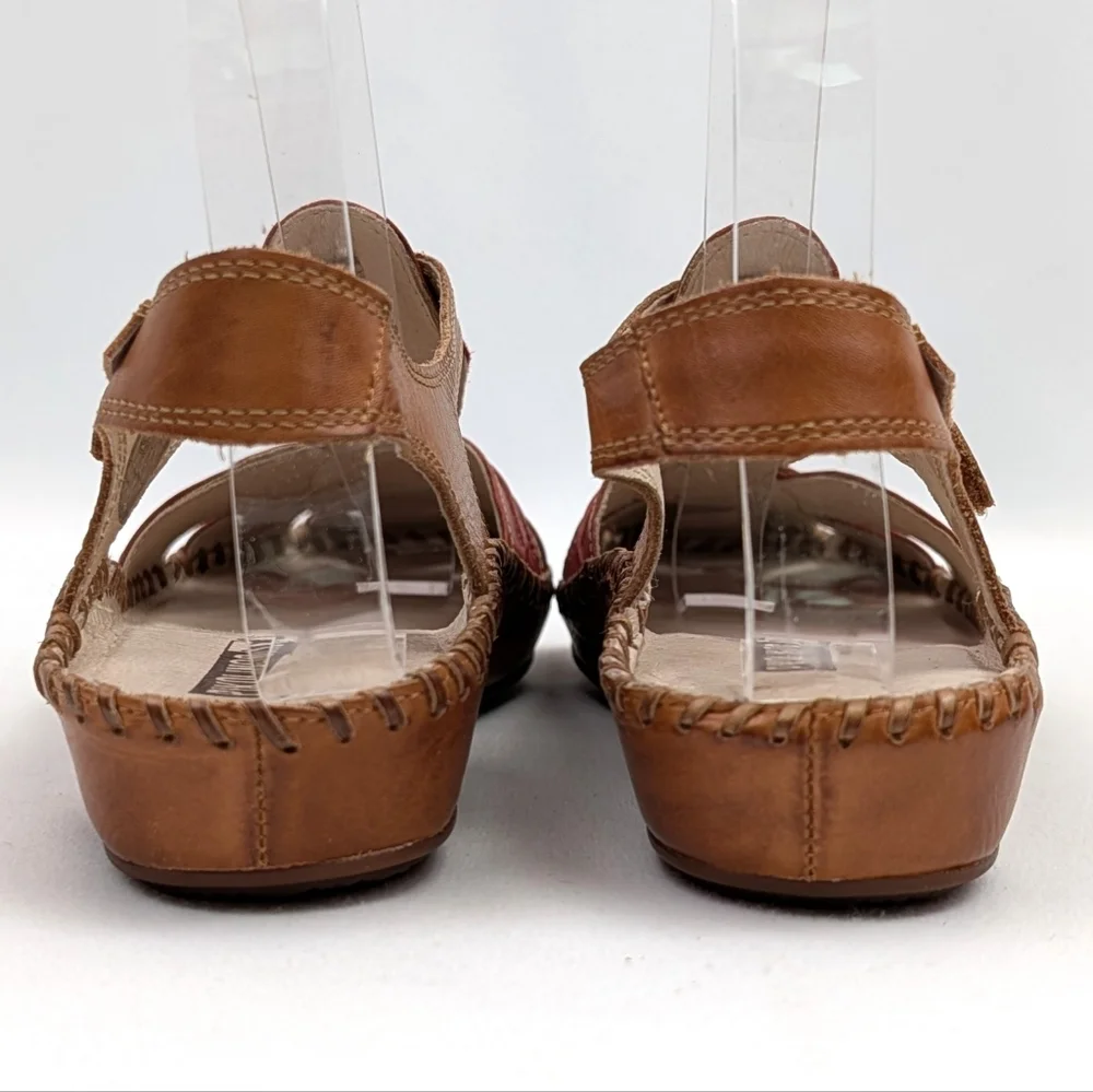Pikolinos Puerto Vallarta Sandals Leather Slingback Closed Toe Red Tan EU 37